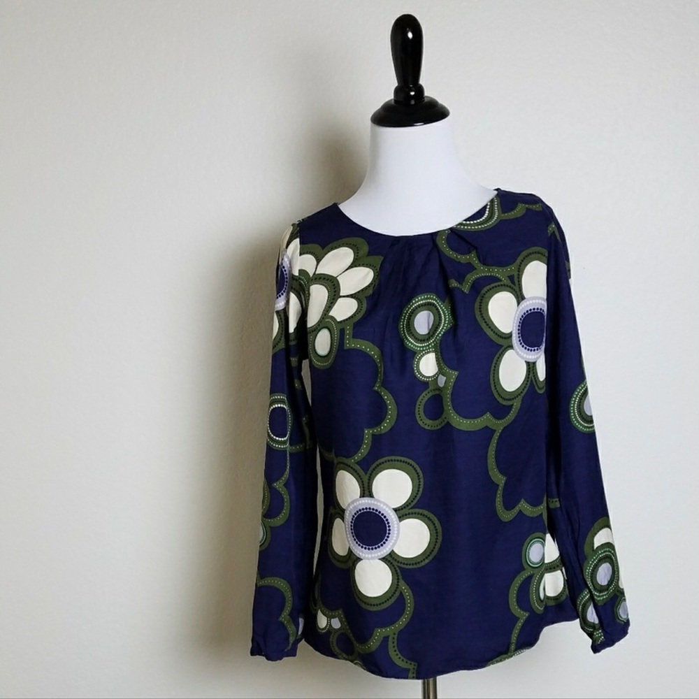 Boden Navy Blue Floral Pattern Silk Blend Top